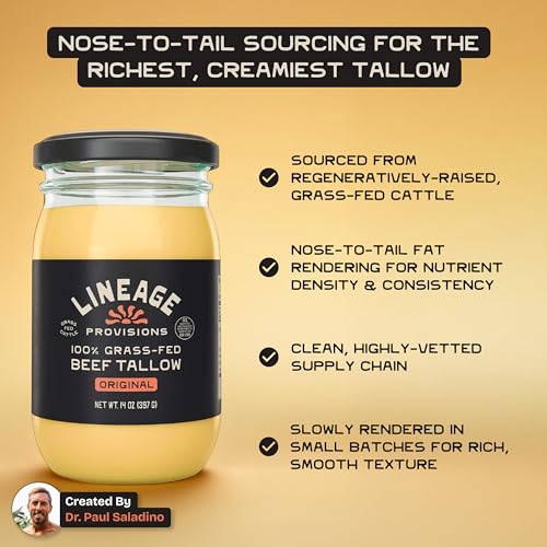 Lineage Provisions - 100% Grass-Fed & Finished Beef Tallow – 3-Pack Glass Jars – US-Raised Cattle – Nose-to-Tail Rendered – Cooking Oil Alternative, Keto & Paleo Friendly