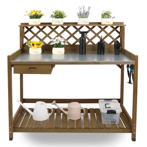 Garden Potting Benches & Tables,Outdoor Wooden Work Station W/Metal Table Top,Drawer,Large Bottom Shelf,Open Shelf Natural Wood-Natural Stained