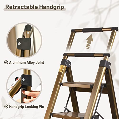XinSunho 5 Step Ladder, Retractable Handgrip Folding Step Stool with Anti-Slip Wide Pedal, Aluminum Stool Ladders 5 Steps, 330lbs Safety Household Ladder
