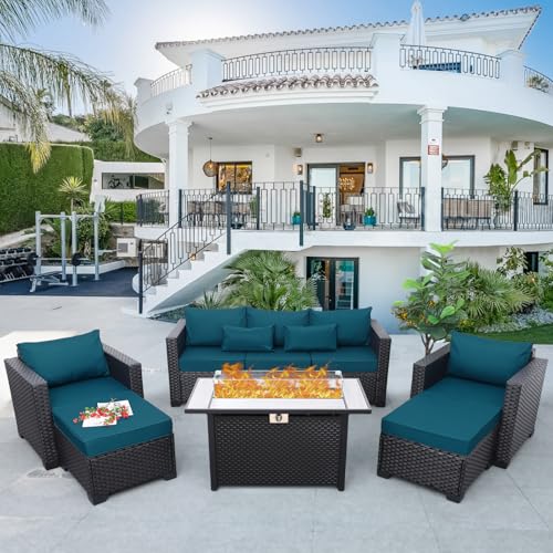 Rattaner Patio Wicker Furniture Set 6 Pieces Outdoor HDPE Wicker Conversation Couch Sectional Chair Sofa Set with Grey Cushions