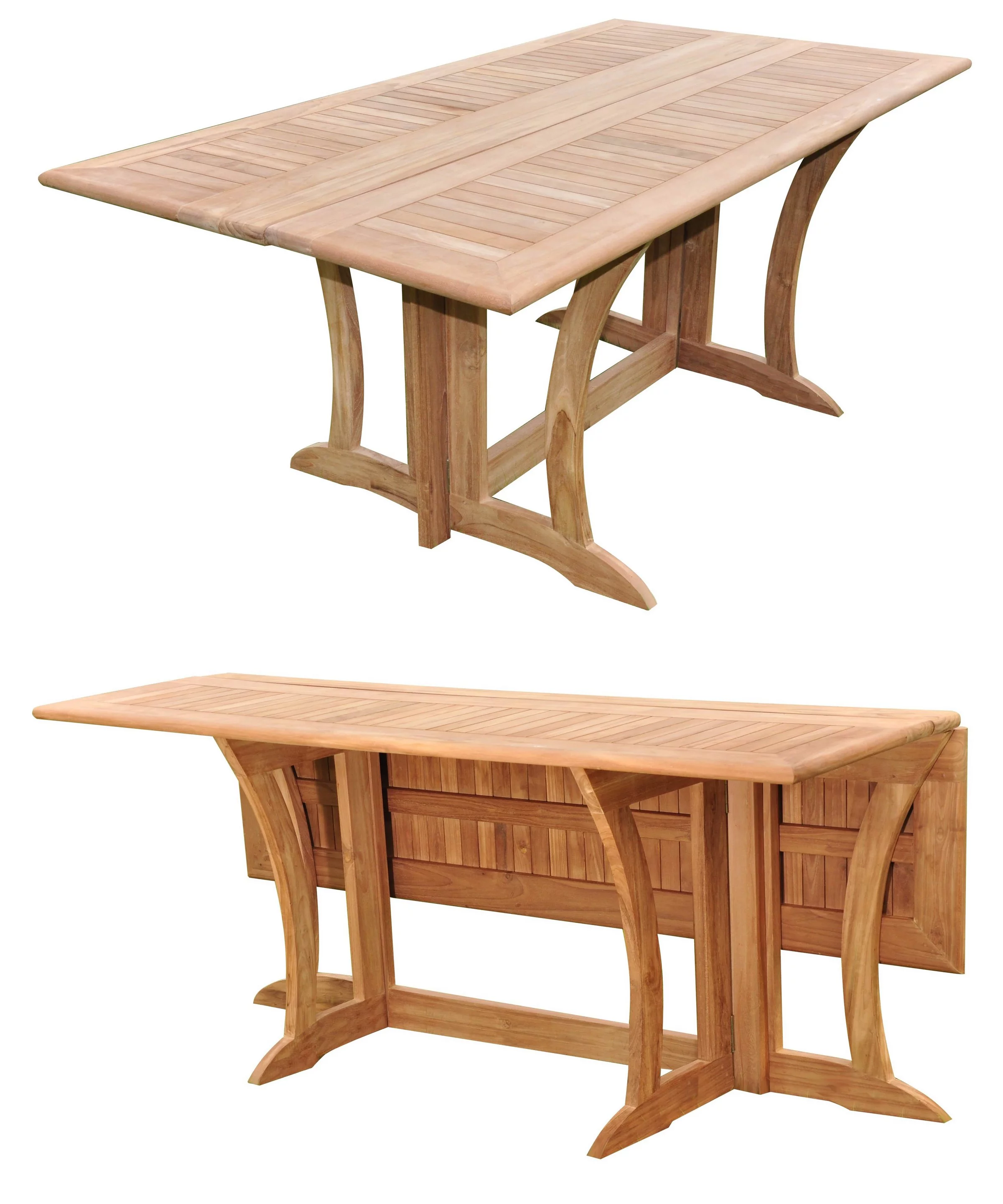 Grade-A Teak Dining Set: 6 Seater 7 Pc: Warwick Console Folding Rectangle Table And 6 Wave Stacking Arm Chairs Outdoor Patio WholesaleTeak #51WV1507