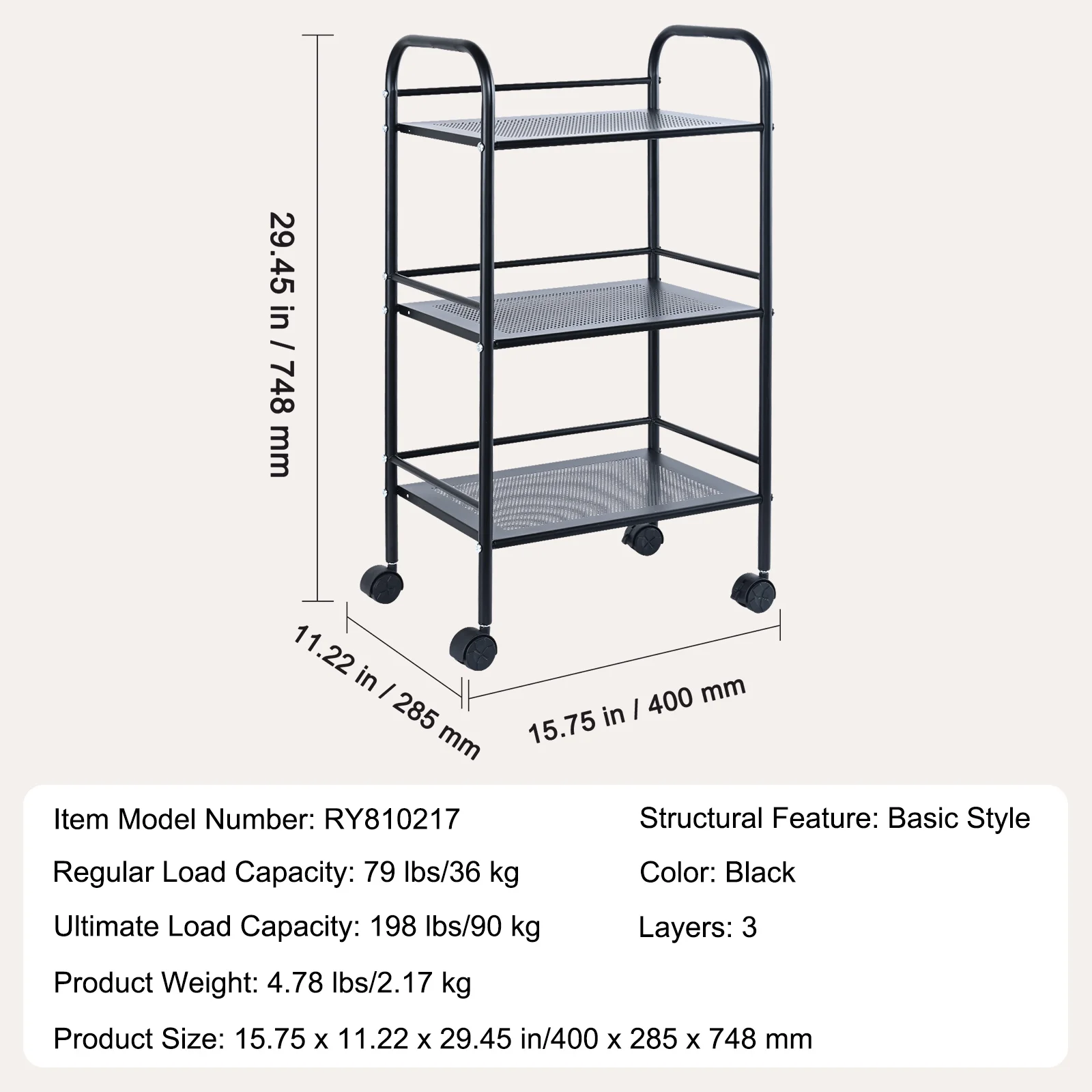 SKYSHALO 3-Tier Kitchen Rolling Cart Utility Cart on Wheel with Handle Shelf Black