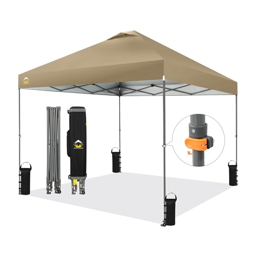 CROWN SHADES 10x10 Pop Up Canopy Tent - Patented Center Lock One Push Instant Outdoor Canopy Beach Tent with STO-N-Go Bag 8 Stakes & 4 Sand Bags，Grid Grey