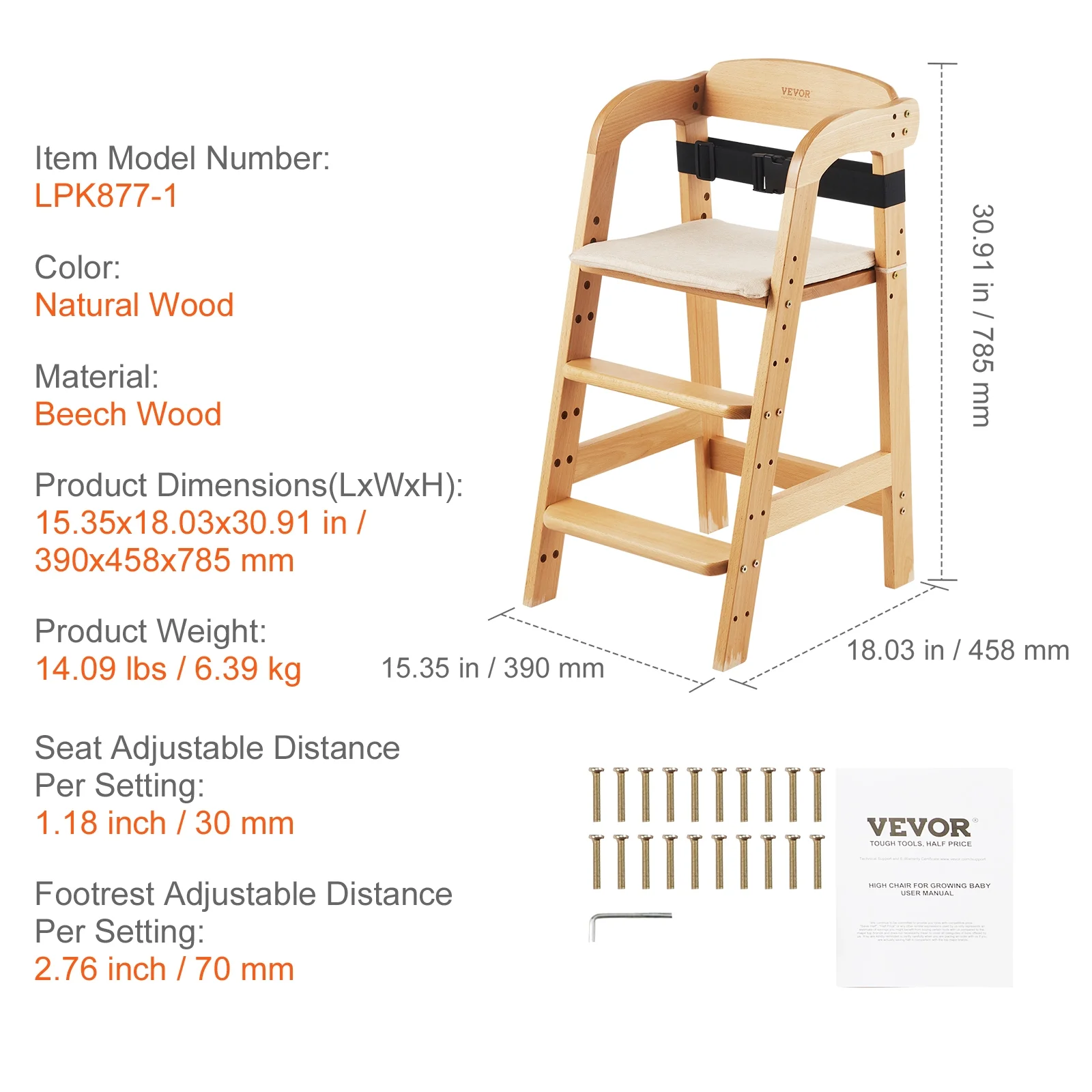 BENTISM Wooden Baby HighChair with Adjustable Legs, Solid Wooden Toddler Chair Baby Booster Seat 13'' Tall
