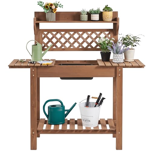 Topeakmart Potting Table Wood Workstation Table w/Sliding Tabletop w/Removable Dry Sink Storage Shelves Outdoor Garden Work Benches Station Planter Bench for Backyard Patio Brown