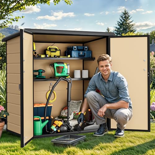 DWVO 5x3ft Resin Outdoor Storage Shed with Floor, Waterproof Lockable Storage Shed with Window, Plastic Outside Tool Storage for Garden, Backyard, Patio, Lawn, Gray