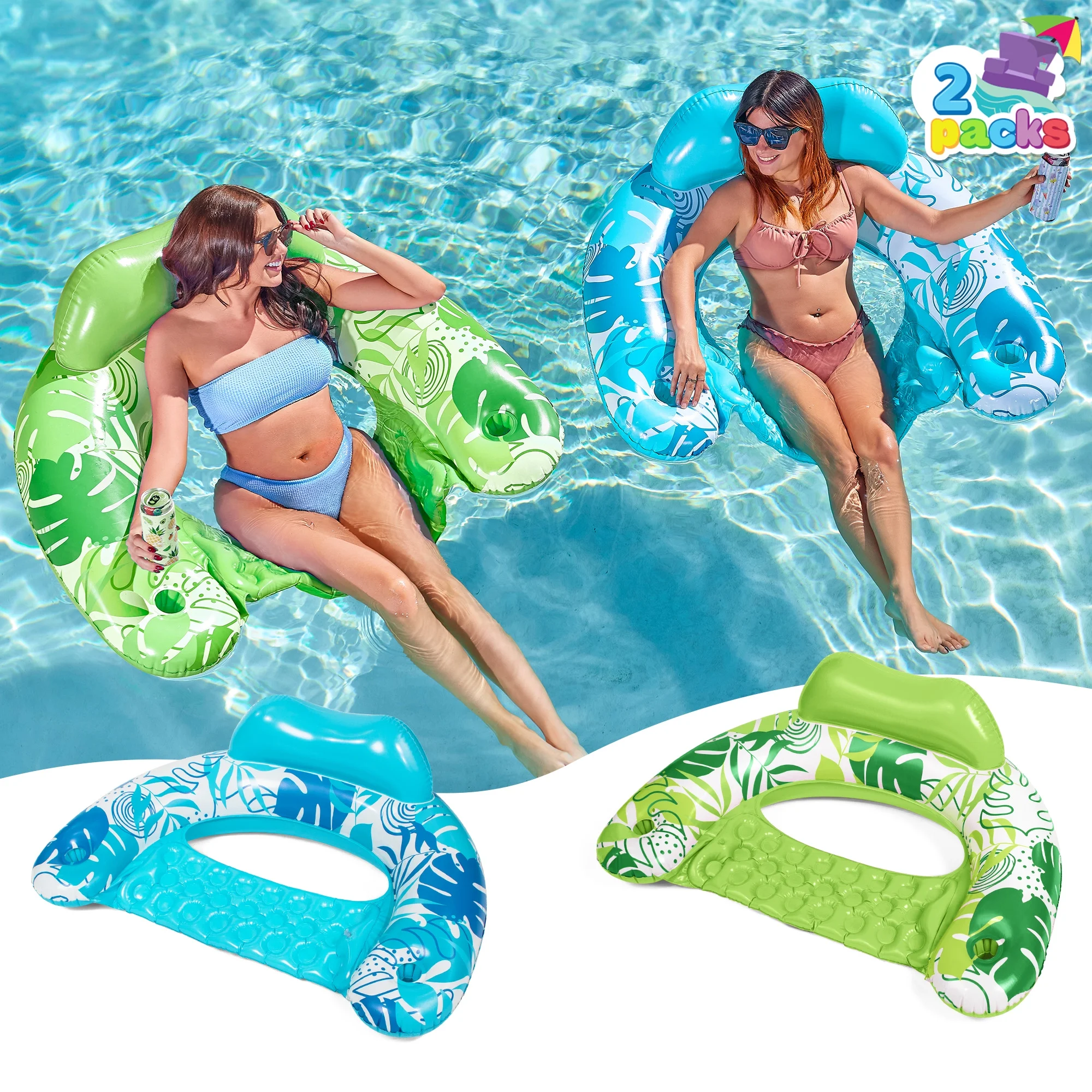 Syncfun 2 Packs Inflatable Pool Chair Float for Kids & Adults, Pool Floaties with 2 Cup Holder, Pool Loungers for Pool Lake Travel Beach