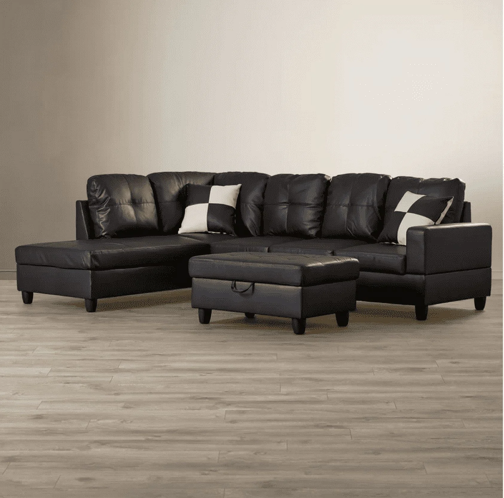 PonLiving Furniture ROY Faux leather SECTIONAL SOFA Left Facing with Ottoman Black PonLiving ROY Faux leather SECTIONAL SOFA Left Facing with Ottoman Black