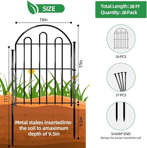 26 Pack Decorative Garden Fence, 26in x 28ft Arched No Dig Animal Barrier Fence for Dog Rabbit, Garden Edging Border, Rustproof Metal Ground Stake Border for Outdoor Yard Patio Decor