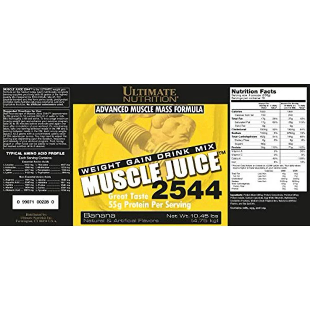 Ultimate Nutrition Muscle Juice 2544, Lean Muscle Mass Classic Gainer, Weight Gain Drink Mix, Blend of Whey Protein Concentrate, Whey Protein Isolate , 10.45 Pounds, Banana
