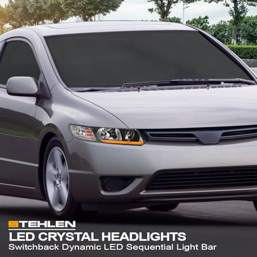 642167827320 Compatible With 2006-2011 Honda Civic 4 Door Sedan Switchback Sequential LED Strip Bar Headlights With Signal Amber - Black