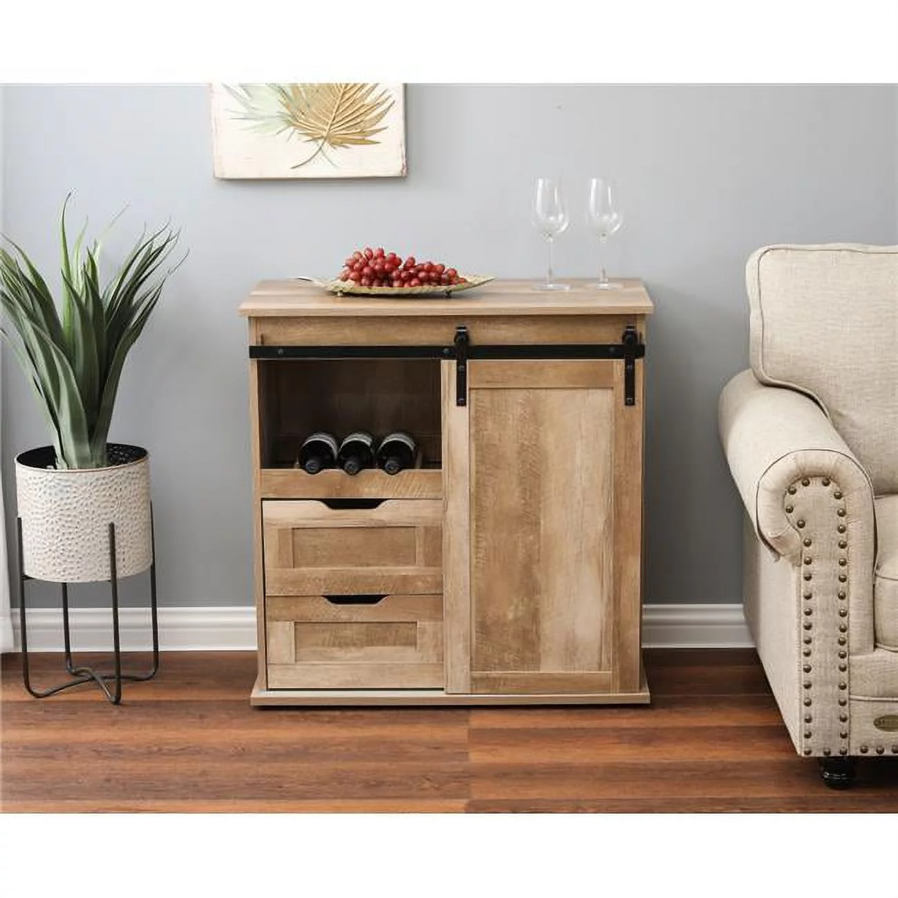 LuxenHome Natural Oak Finish Wine and Storage Cabinet