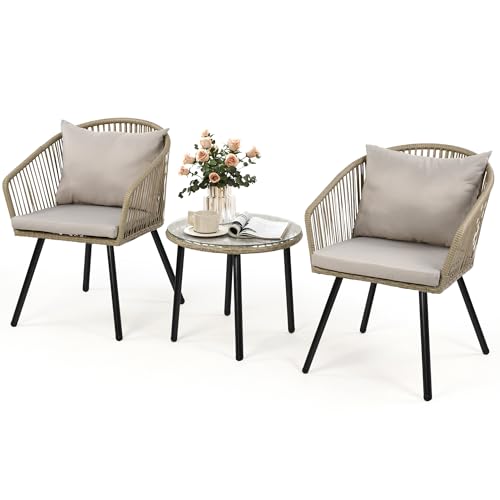 DWVO Bistro Set Outdoor Rattan 3-Piece Wicker Furniture Small Patio Balcony Chairs, with Tempered Glass Coffee Table and Armchairs for Garden, Balcony, Poolside, Grey