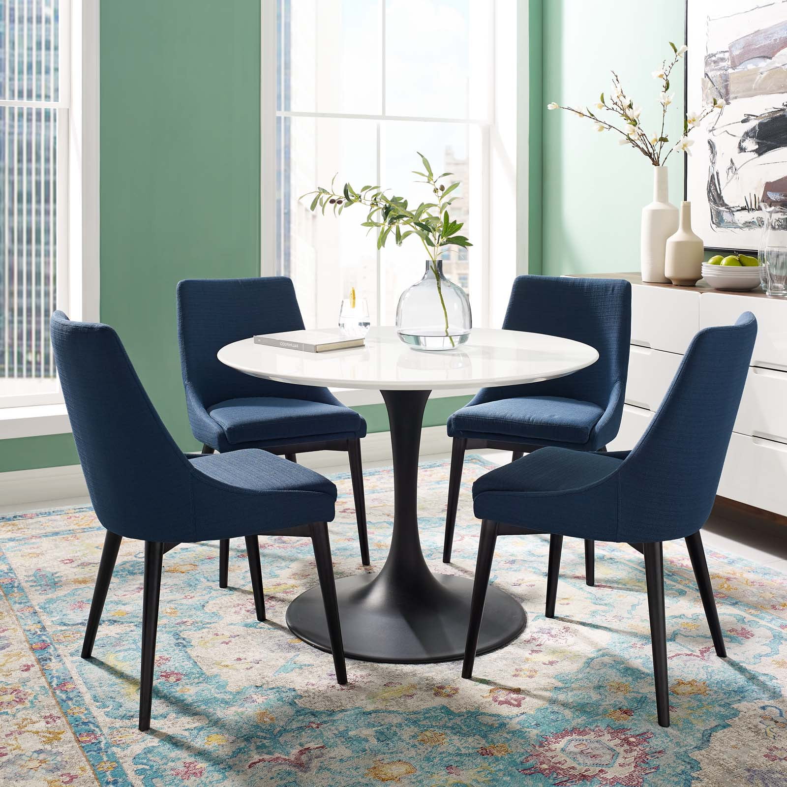 Contemporary Modern Urban Designer Kitchen Room Round Dining Table, Wood Metal Steel, Black White