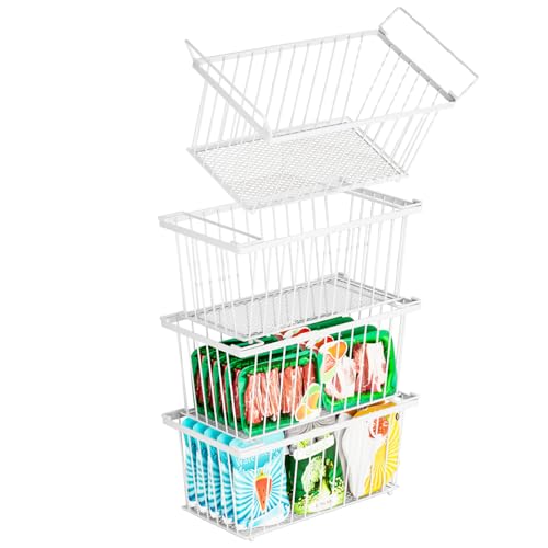 Freezer Organizer Bins ，Upgraded Bottom Leak-Proof net，4 Pack，Encryption and Hardening ，Deep Freezer Organizer Bins for 5 to 7 Cu.FT Small Chest Freezer， Easy Get Bottom Foods（white）