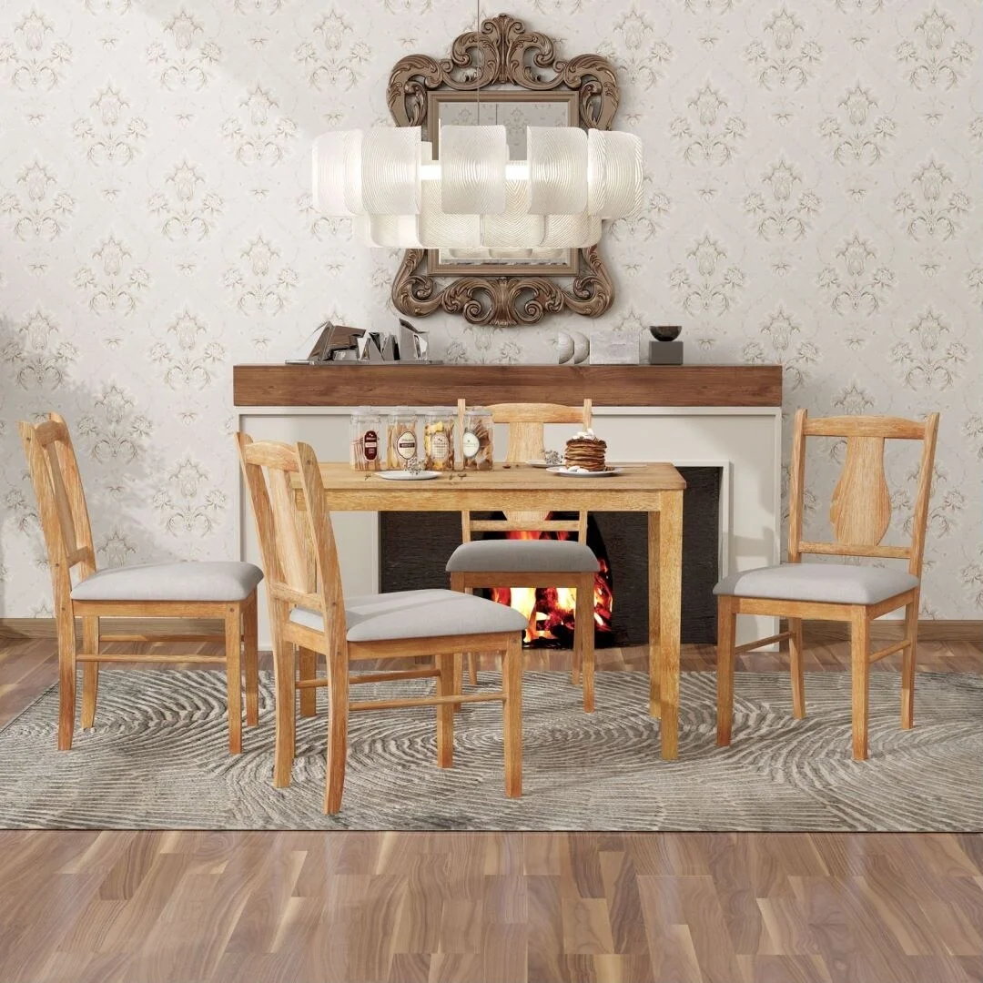 5-Piece Kitchen Dining Table Set Wooden Table and 4 Upholstered Chairs Natural Wood