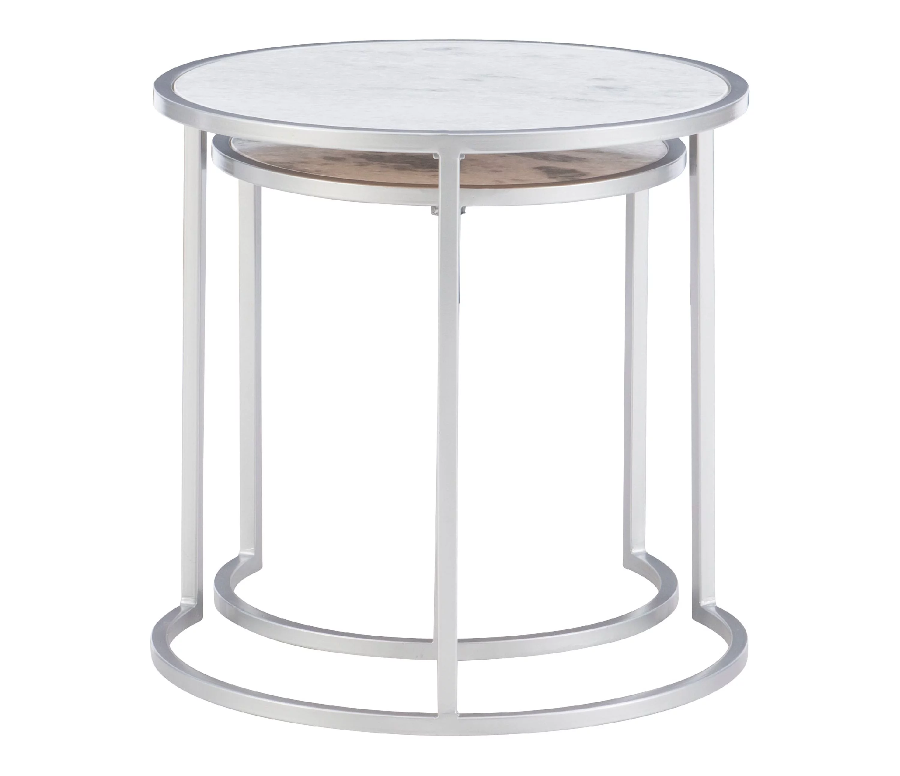 Heather Round Nesting Tables, Set of 2, Silver Metal Base with White Marble Tops