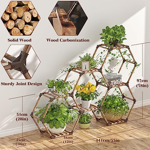 Tikea Plant Stand Indoor Hexagonal Plant Stand for Multiple Plants Indoor Outdoor Large Wooden Plant Shelf Creative DIY 6 Tiered Flowers Stand Rack for Living Room Balcony Patio Window