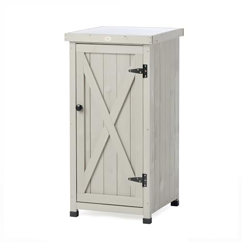 Outdoor Storage Cabinet for Patio, Garden Potting Bench Table with Shelves & Metal-Tabletop, Wooden Planting Work Station, Weatherproof