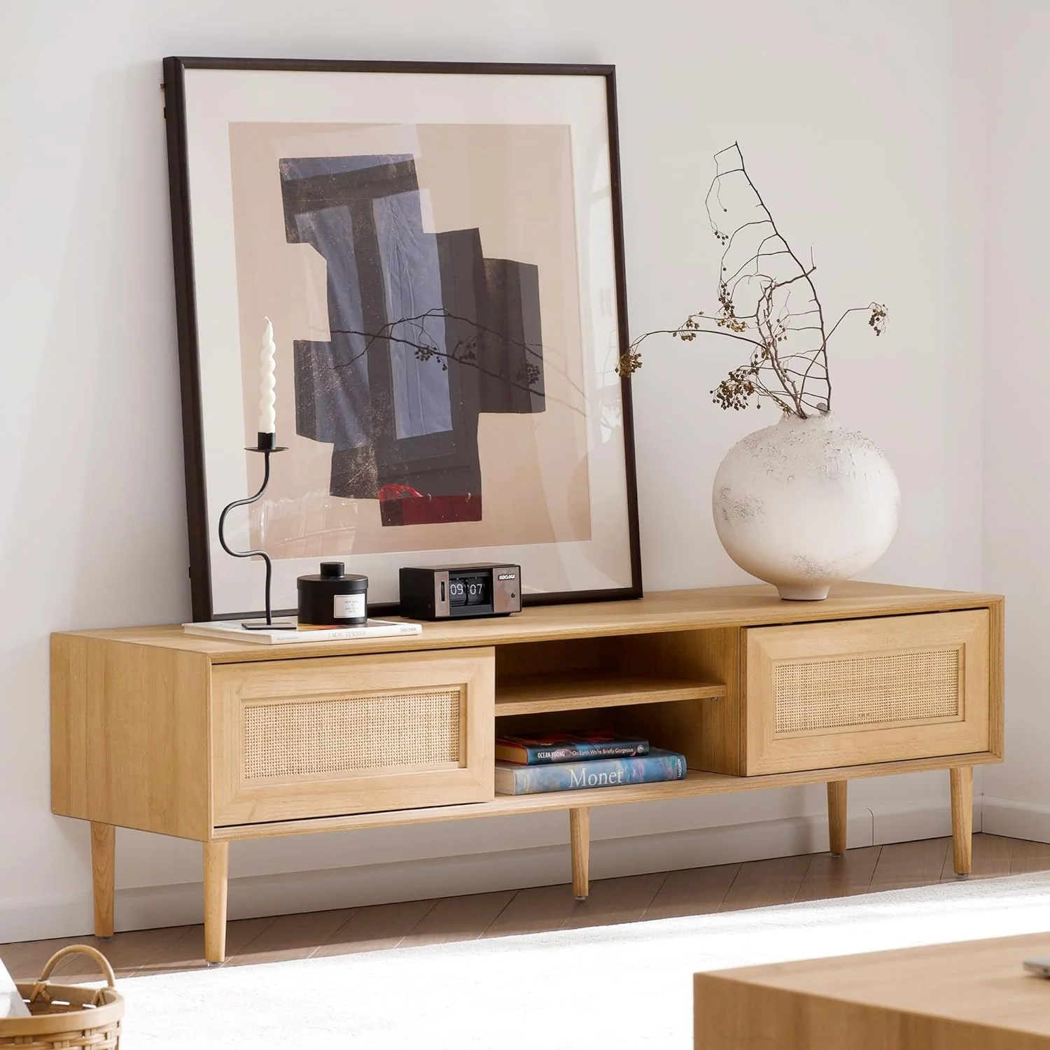 RUNFAYBIU Rattan TV Stand for 55 Inch TV  Mid Century Modern Entertainment Center with  Natural Wood  TV Console Table with 2 Cabinets for Living Room Bedroom