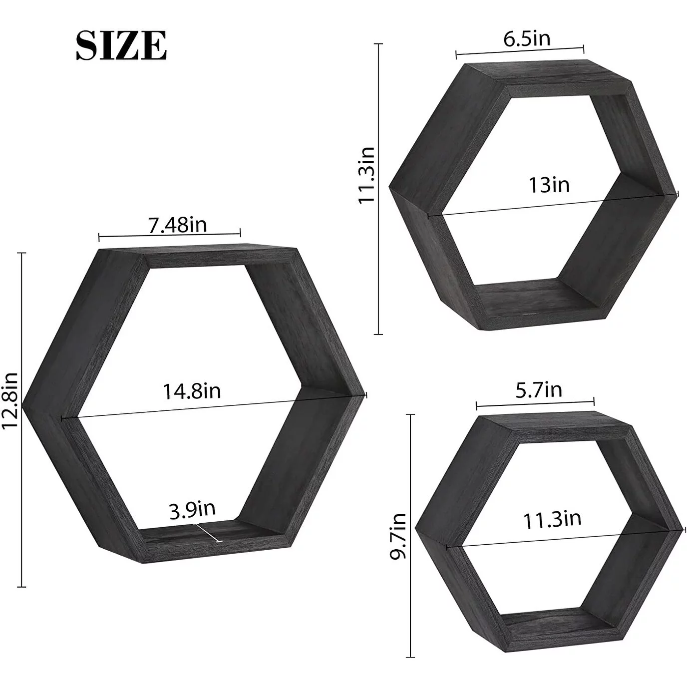 Set of 3 Wooden Hexagon Rustic Floating Shelves Shelves in Black Black