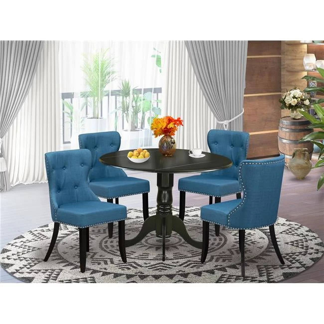 East West Furniture  Dublin Dining Set - Black & Mineral Blue, Set of 4