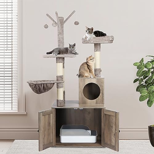 Cat Tree Tower with Litter Box Enclosure, 2-in-1 Wooden Cat Condo with Sisal Scratching Post, Hammock, Brown
