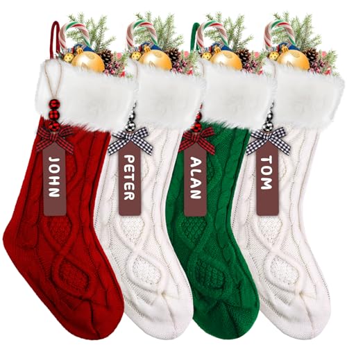 XIMISHOP 6PACK Christmas Stockings,18Inches Large Cable Knitted Stocking Personalized Xmas Hanging Stocking Decorations with Name Tags for Holiday Christmas Party Family Decor(Green Red White