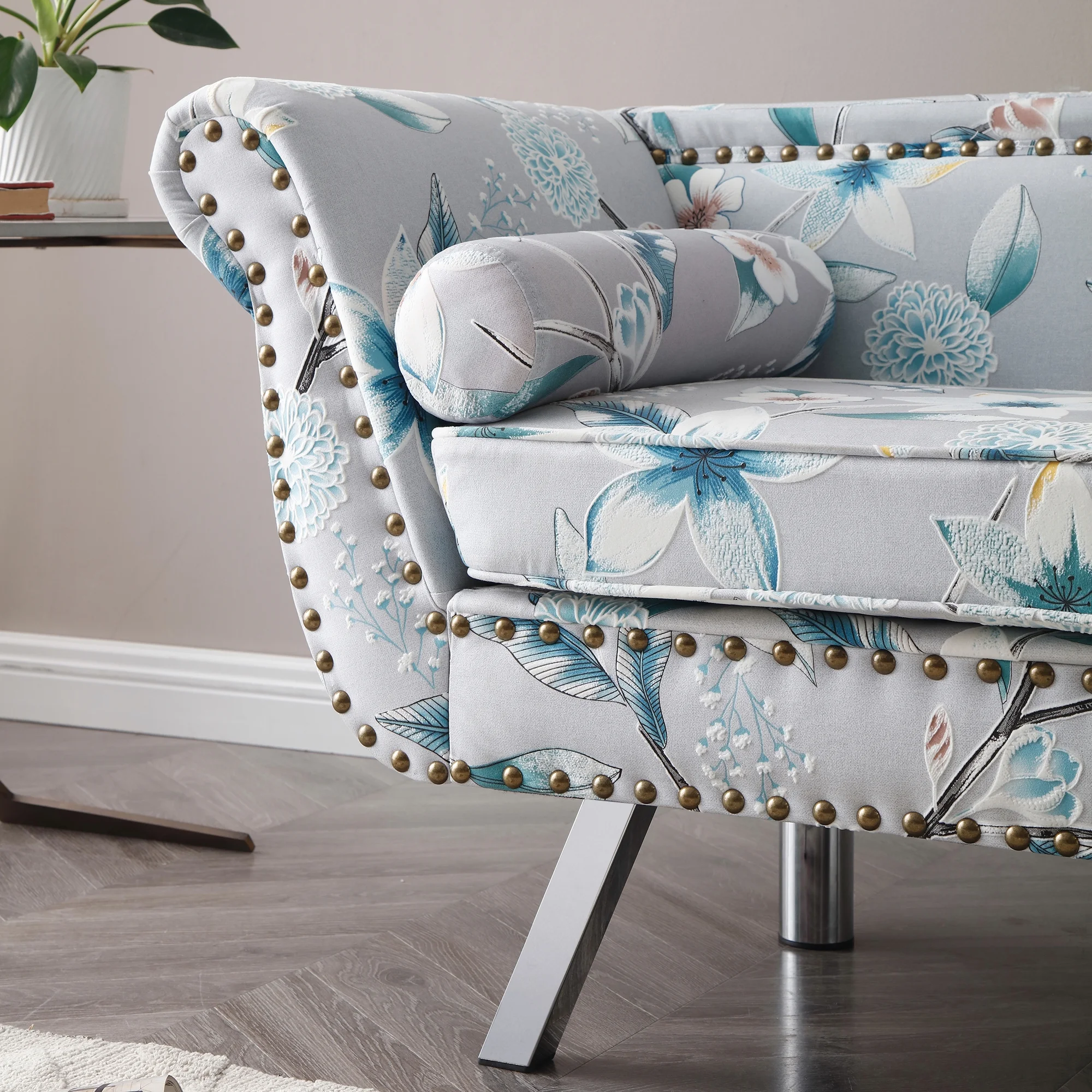 Modern Velvet Upholstered Loveseat Sofa, End of Bed Bench Settee with Nailhead Trim Arms Removable Cushion Metal Legs