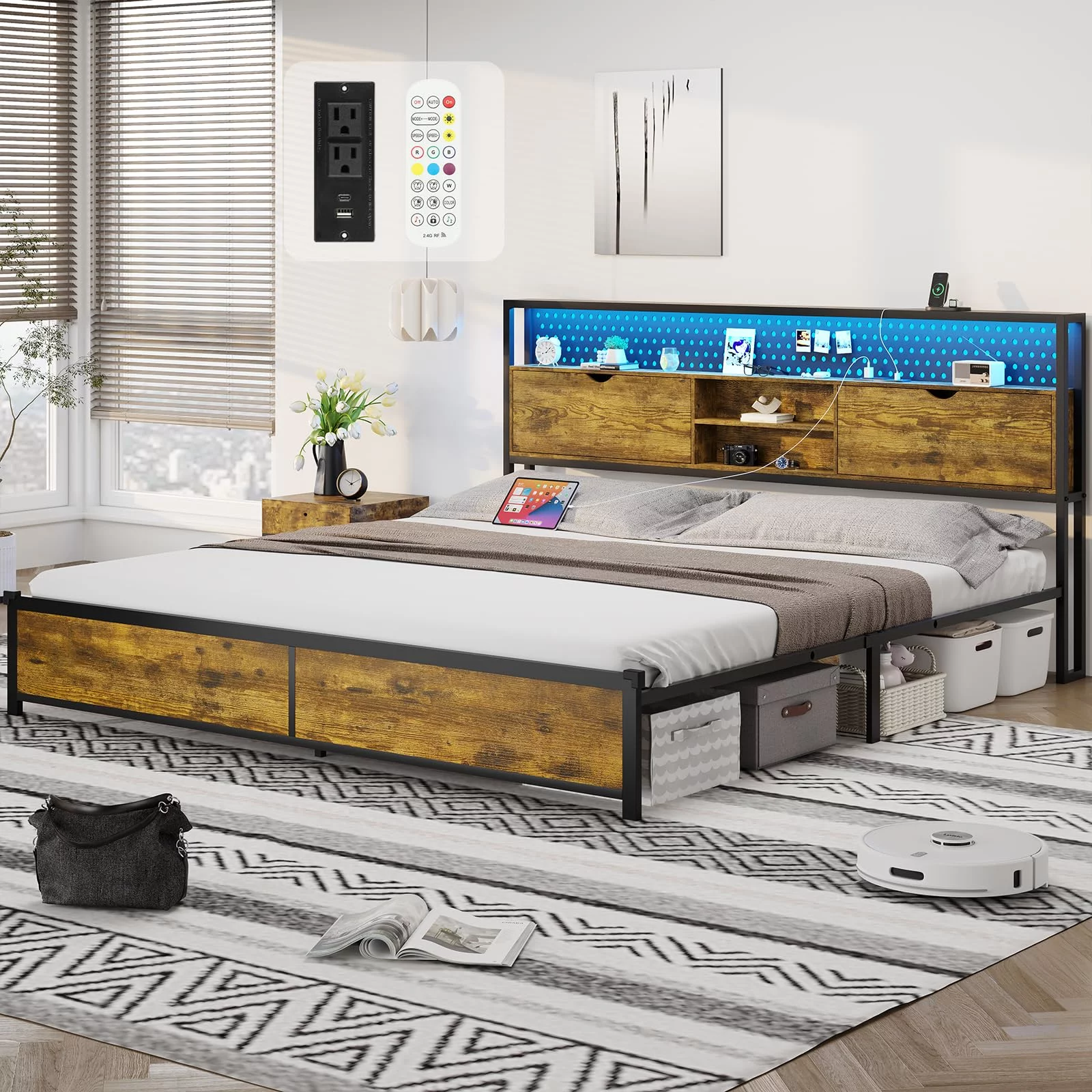 ADORNEVE King LED Bed Frame with Storage Headboard, Metal Platform Bed with Charging Station, Heavy Duty Steel Slats Support, No Box Spring Needed, Vintage Brown