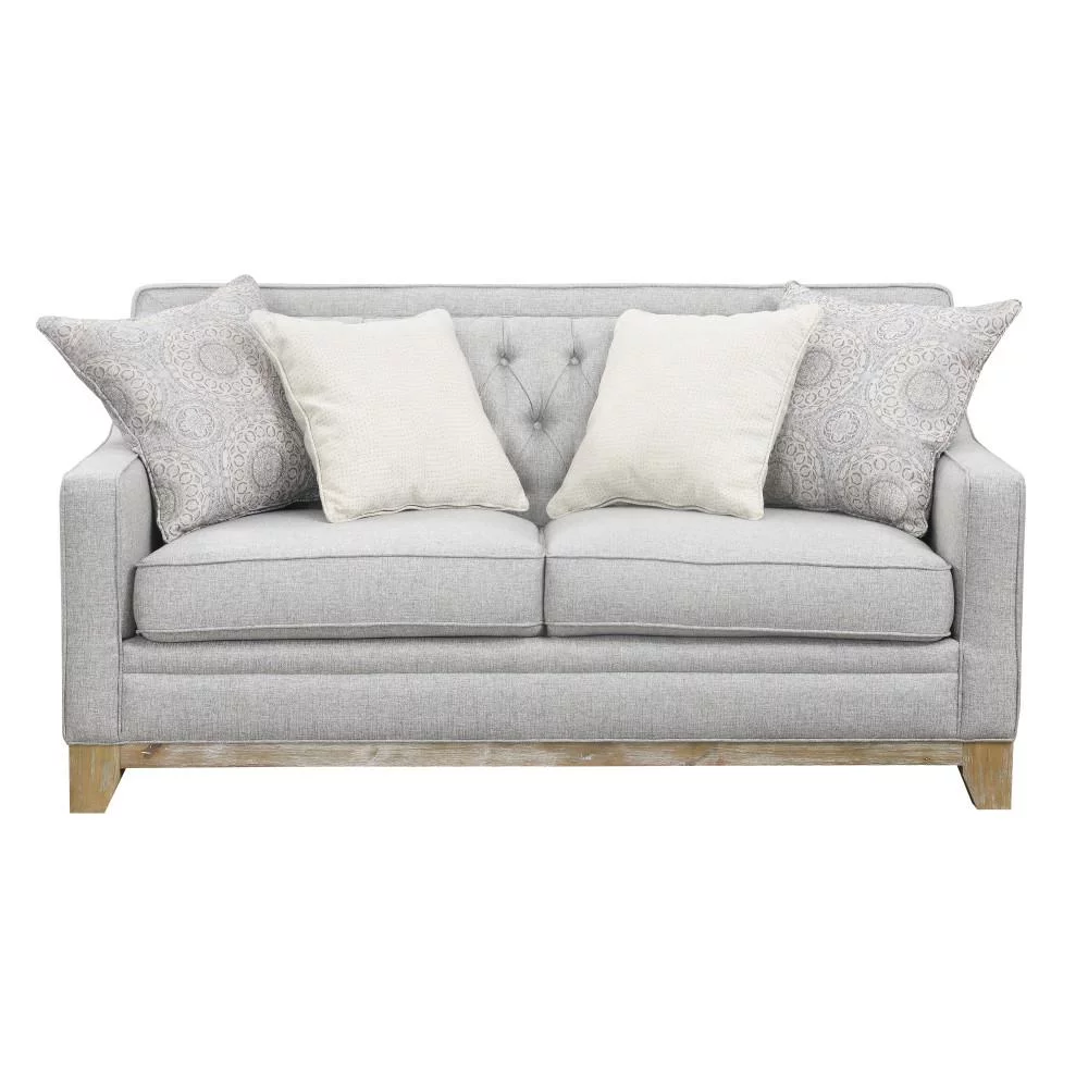 Wallace & Bay Herman Classic Gray Loveseat with Button Tufting, Track Arms, And Weathered Wood Base