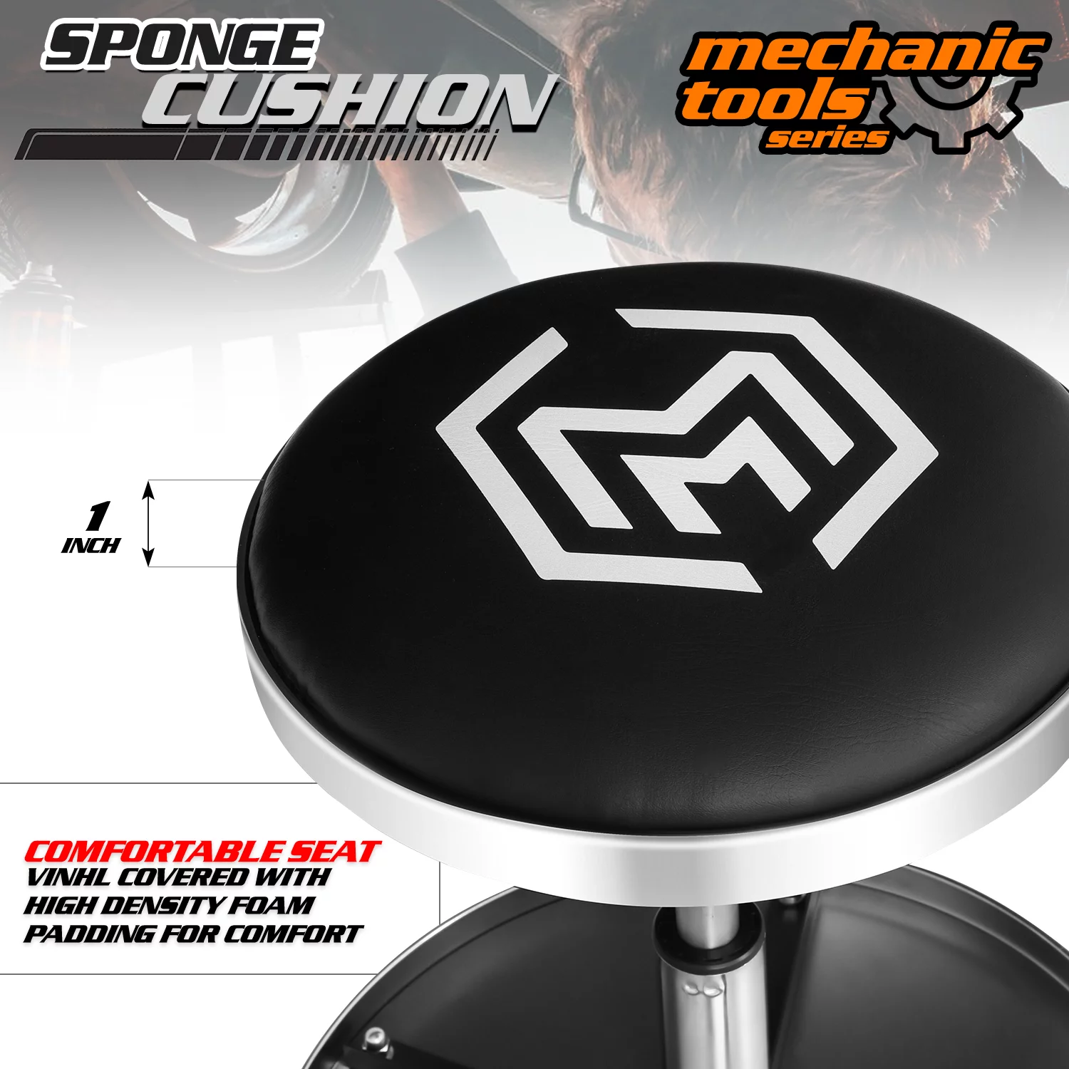 M-AUTO Heavy-Duty Adjustable Mechanic's Roller Seat Rolling Stool with Wheels & Tool Tray, 300 lbs Capacity - Black