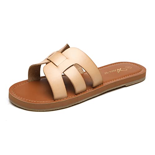 Athlefit Women's Flat Sandals Summer Casual Slip On Leather Slide Sandal