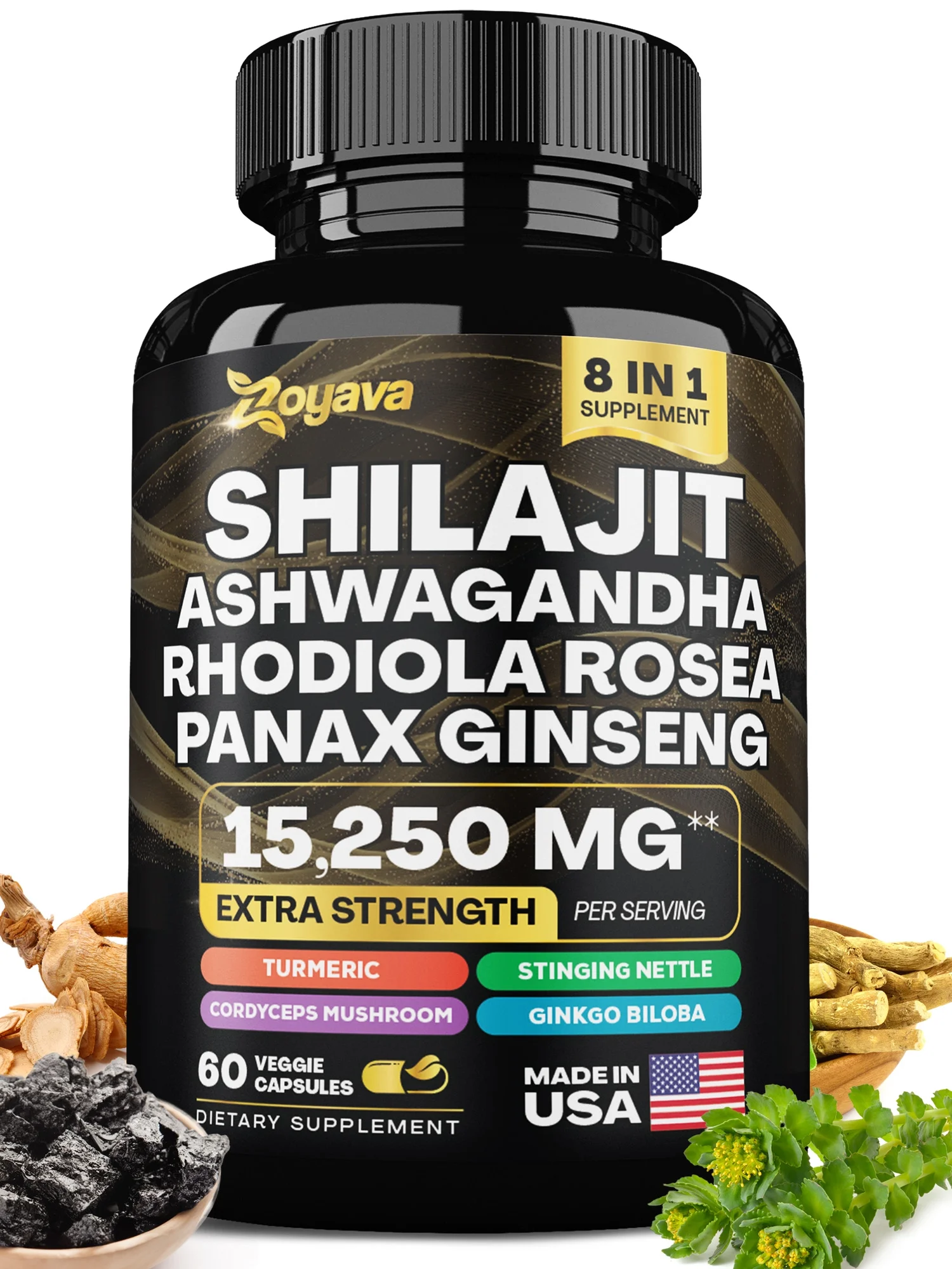 Shilajit Pure Himalayan 9000MG, Energy Booster Ashwagandha 2000MG, Rhodiola Rosea 1000MG, Panax Ginseng 1500MG, Turmeric 500MG, Gingko Biloba 500MG, Stinging Nettle 250MG, Cordyceps Mushroom 500MG