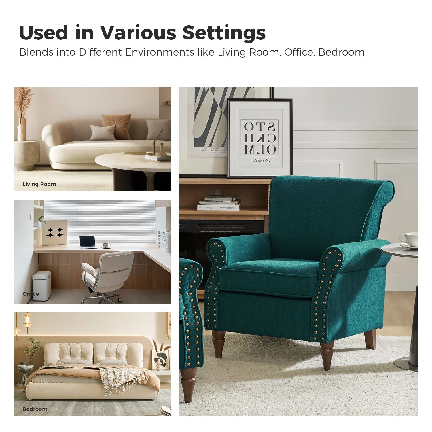 HULALA HOME Nyctelius Upholstered Comfy Accent chair with Classic Turned Wooden Legs and Nailhead Trim by  Teal