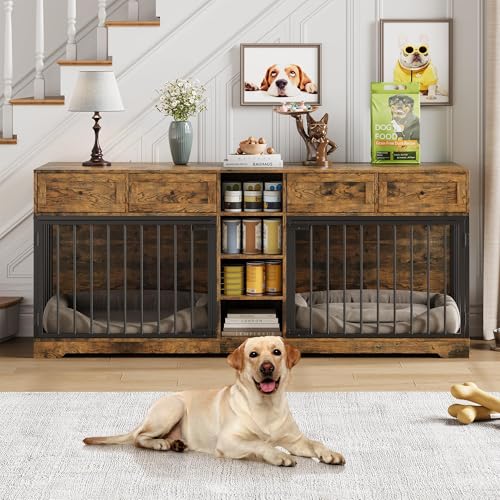 GarveeHome 82” Double Dog Crate Furniture, Large Dog Kennel Indoor for 2 Dogs, Heavy Duty Wooden Dog Crate TV Stand with 4 Drawers and Shelves, White