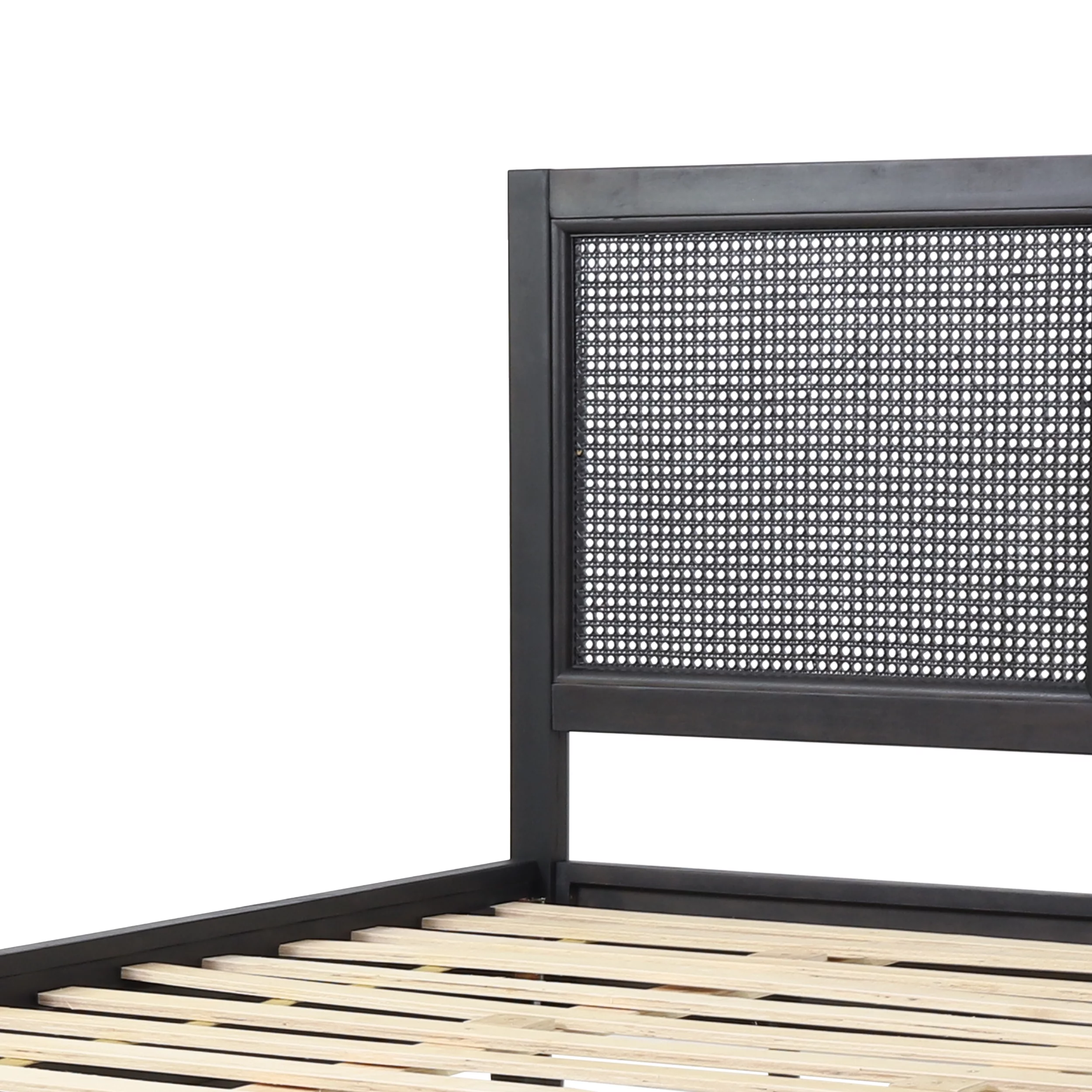 GDF Studio Mathena Rustic Acacia Wood and Rattan Queen Bed, Dark Gray