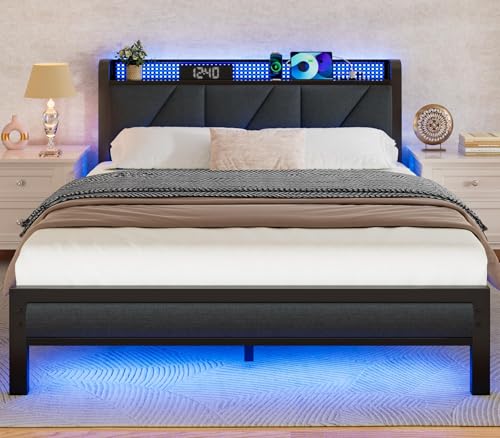 Furnulem Full Bed Frame with LED Lights,Headboard with Charging Station and USB Port,Upholstered Platform Bedframe Metal Support,No Box Spring Needed