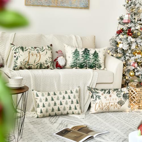 AVOIN colorlife Merry Christmas Trees Snowflake Throw Pillow Covers, 18 x 18 Inch Joy Xmas Balls Winter Holiday Cushion Case Decoration for Sofa Couch Set of 4