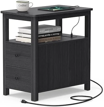 RUNFAYBIU with Charging Station  Narrow Nightstand with 2 Drawers  Living Room End Table with   for Small Spaces  Coastal Style  Vintage White and Heather Greige ULET322W73