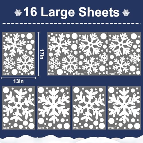 Ivenf Christmas Decorations Window Clings: 16 Sheets Extra Large White Snowflake Christmas Window Decorations, Farmhouse Rustic Xmas Snowflake Decor for Kids Home School Office Winter Holiday Party