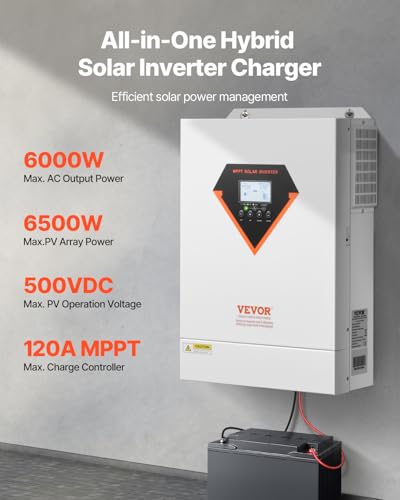 VEVOR Hybrid Solar Inverter, 6000W, All in One Pure Sine Wave Power Inverter Charger, 48V DC to 220/230V AC, with Built-in 120A MPPT Solar Controller, for Off-Grid System Lead Acid Lithium Battery