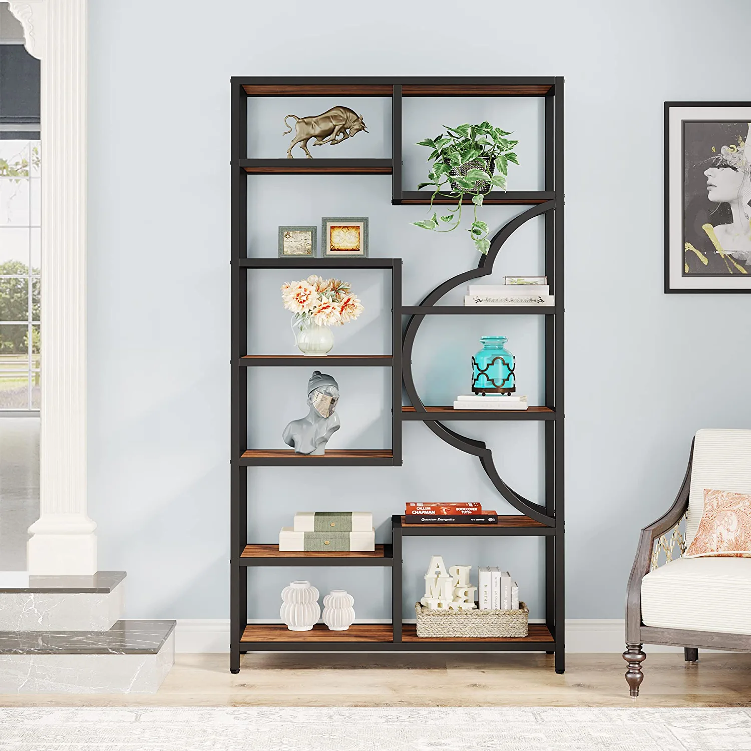 Tribesigns 75” Tall Bookshelf, 11-Shelves Staggered Bookcase with Unique Arc-Shaped Design, Industrial Etagere Shelving Unit Storage Display Shelves for Bedroom, Living Room, Home Office, Brown
