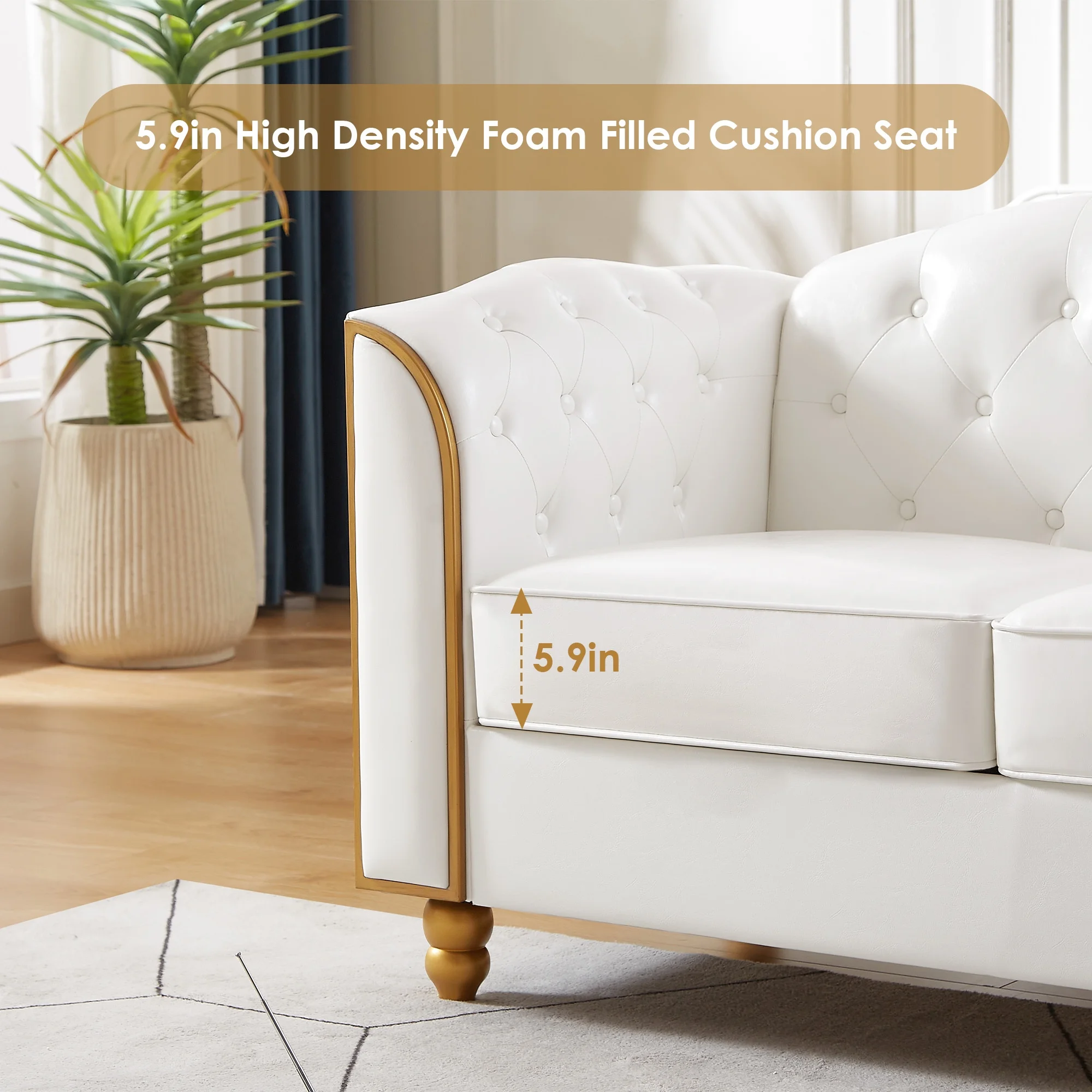 Homfa 3 Seater Sofa, 78.7'' Modern Large PU Button Upholstered Couch with Golden Wood Legs, White