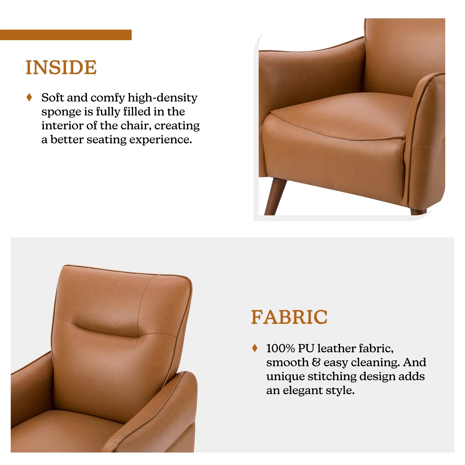 Faux Leather Upholstered Accent Chair Set of 2 Tufted Armchair Lounge Sofa Wood Legs Living Room Office Camel