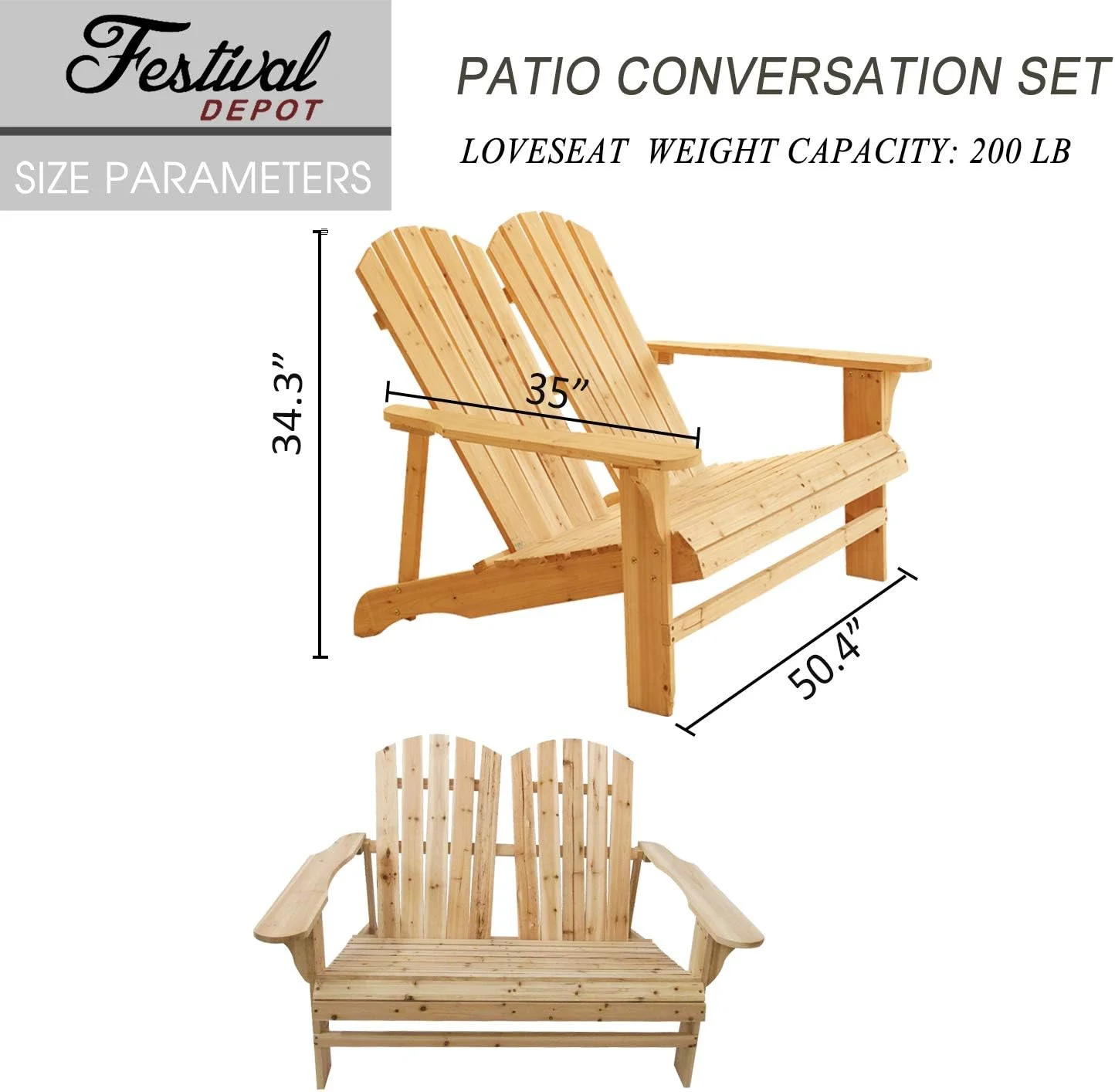 Patio Adirondack Chair Wood Loveseat For 2 Persons Outdoor Furniture For Porch Backyard Garden