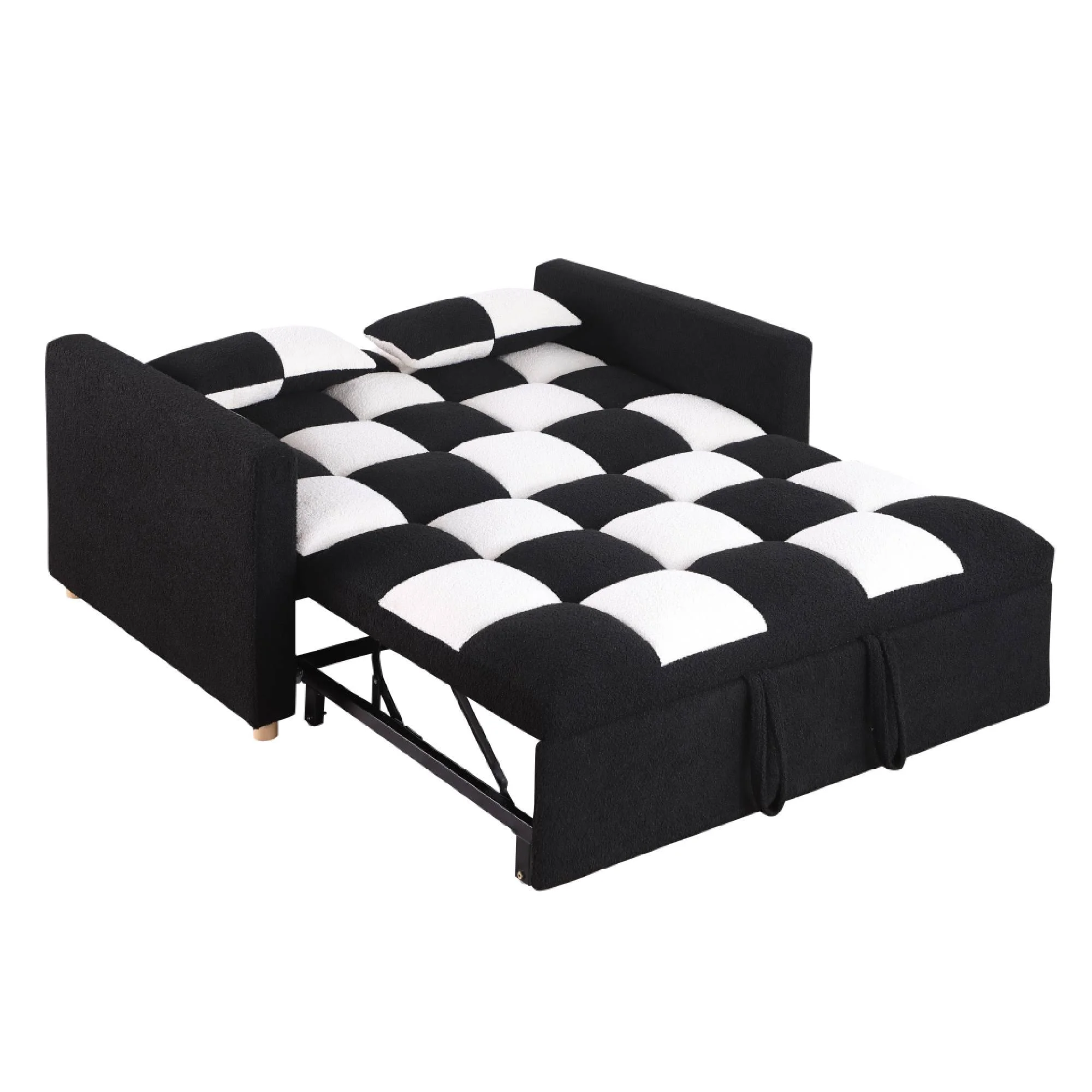 Holaki 45 x 68 Small Teddy Convertible Loveseat, 3 in 1 Sleeper Sofa Couch Bed, Futon Sofa Pull out Bed with Adjustable Backrest, 2 Pillows, Black+White