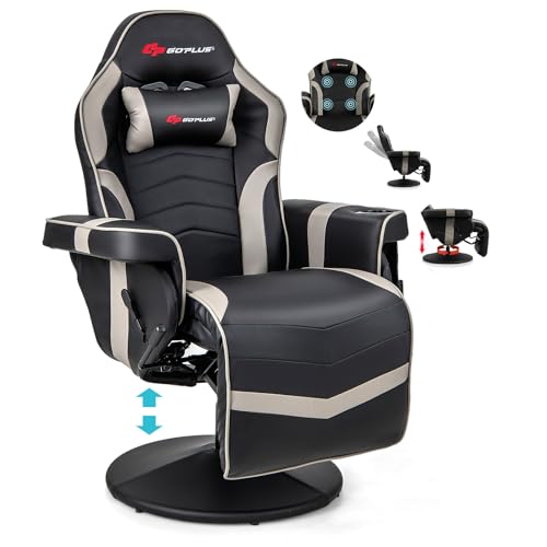 POWERSTONE Gaming Recliner Massage Gaming Chair with Footrest Ergonomic PU Leather Single Sofa with Cup Holder Headrest and Side Pouch, Adjustable Living Room Chair Seating, Black