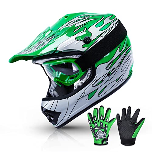 SLMOTO Dot Youth & Kids Motocross Offroad Street Helmet Motorcycle Helmet Dirt Bike Motocross ATV Helmet+Goggles+Gloves Blue Skull Design