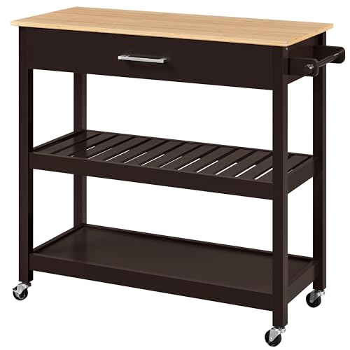 Yaheetech Kitchen Island Cart on Wheels with Bamboo Tabletop, 3-Tier Rolling Kitchen Island Microwave Cart with Drawer, Detachable Towel, 3 Hooks, 17